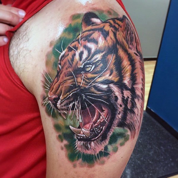 Gorgeous painted very realistic colored angry tiger tattoo on upper arm