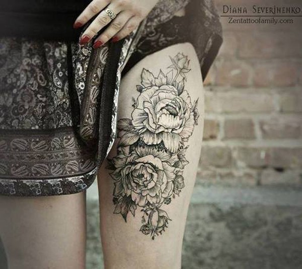 Gorgeous peonies tattoo on thigh for women by severinenko