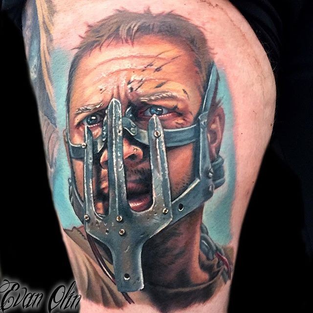 Gorgeous realism style colored shoulder tattoo of Mad Max hero