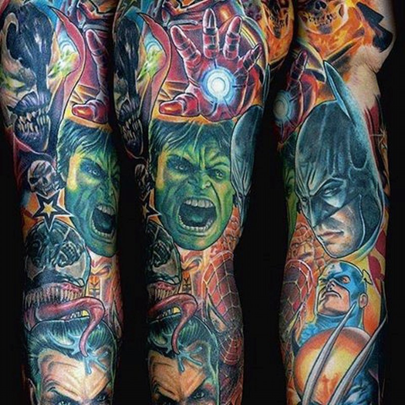 Gorgeous very cool looking multicolored sleeve tattoo of various superheroes