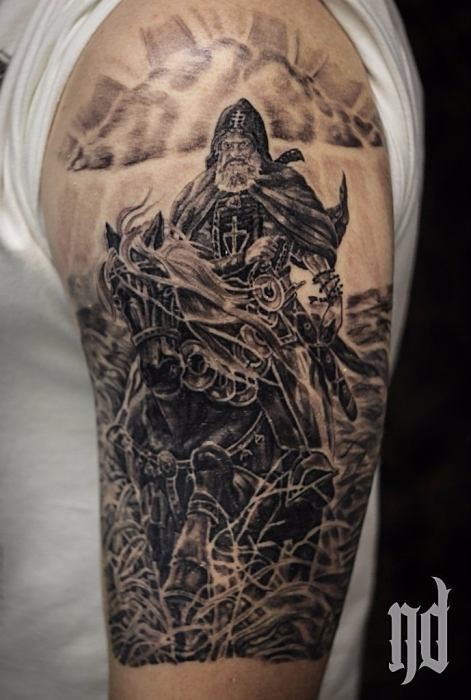 Gorgeous very detailed black and white medieval warrior tattoo on shoulder