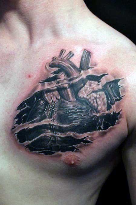 Tatuaje en el pecho,  corazón increíble 3D debajo de la piel rasgada