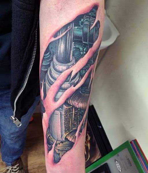 Gorgeous very realistic looking biomechanical tattoo on arm