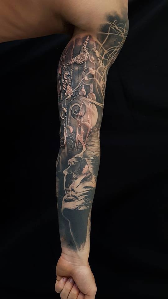 Graet black and white abstract full sleeve tattoo