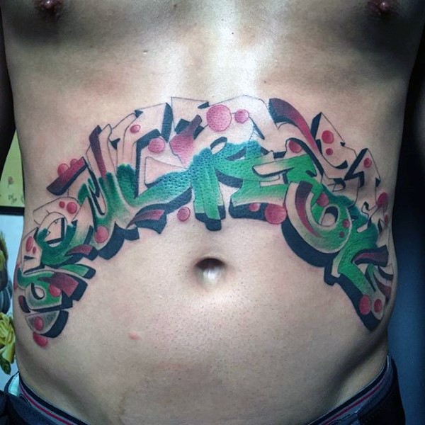 Graffiti style colored belly tattoo of big lettering