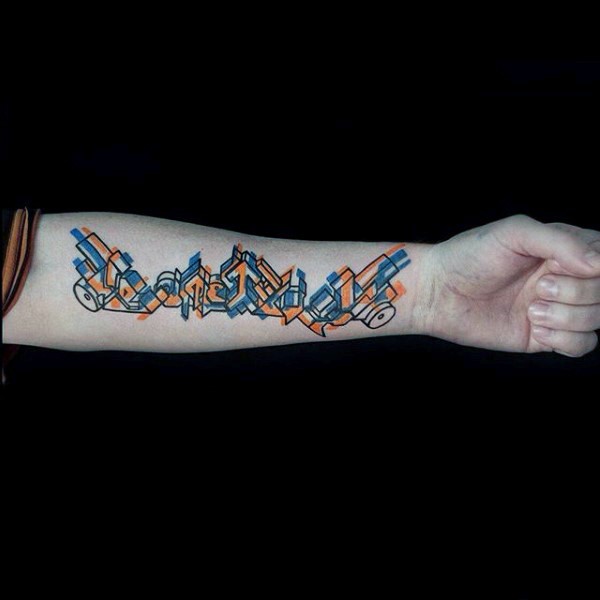 Graffiti style colored forearm tattoo of small lettering