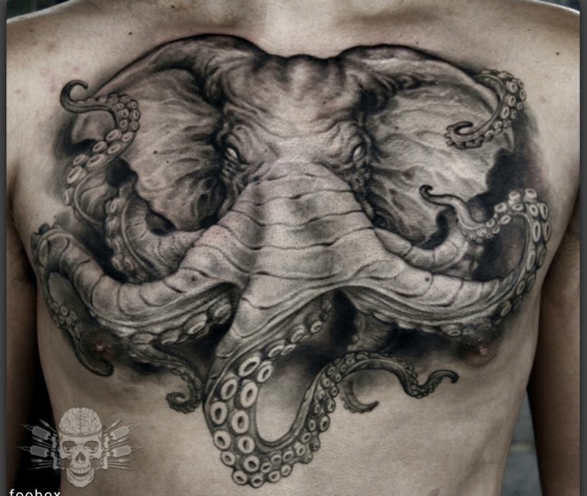 Gray ashed style large half elephant half octopus tattoo on chest