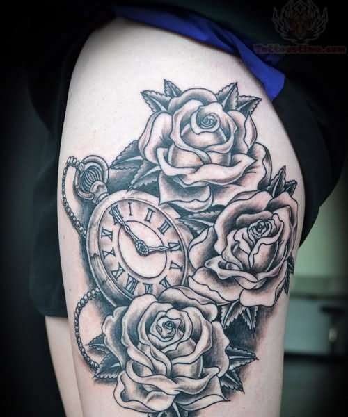 Gray-ink rose flowers and watch tattoo on thigh