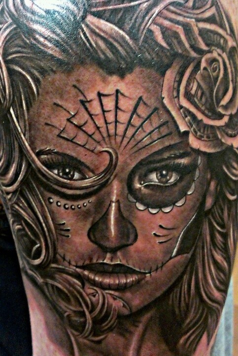 Gray ink santa muerte girl tattoo