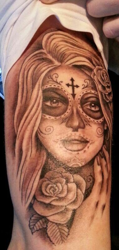Gray ink santa muerte girl witn rose tattoo