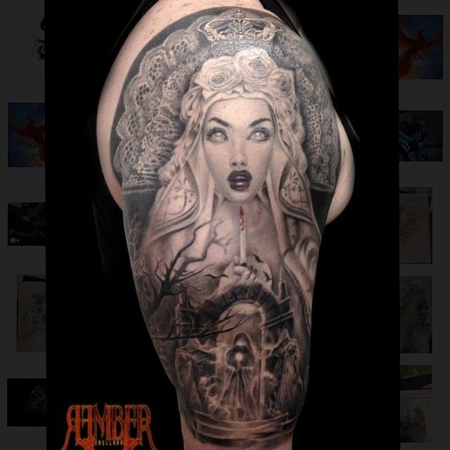 Gray washed style black ink shoulder tattoo of creepy woman with cemetery