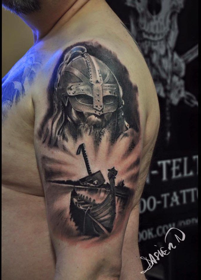 Gray washed style colored shoulder tattoo of medieval warrior with boat