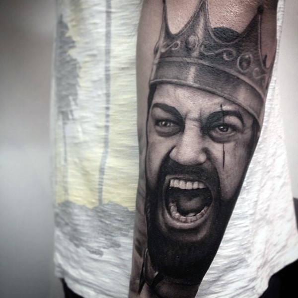 Gray washed style forearm tattoo of king Leonidas from Sparta