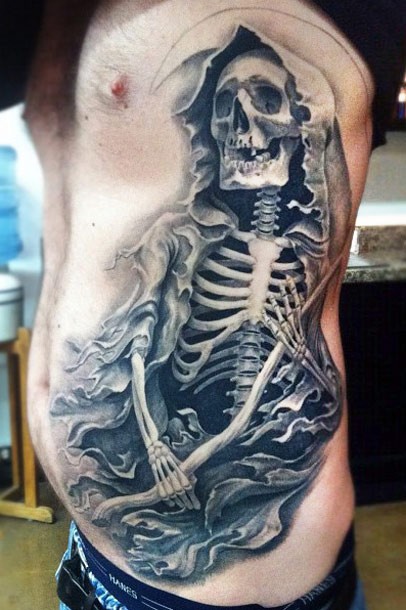 Gray washed style large side tattoo of Grimm reaper