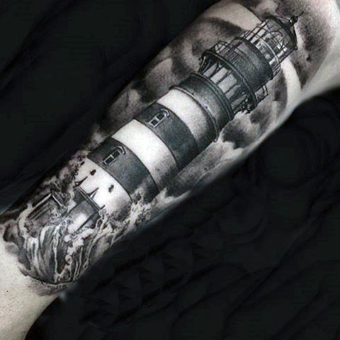 Gray washed style large sleeve tattoo of waves and lighthouse