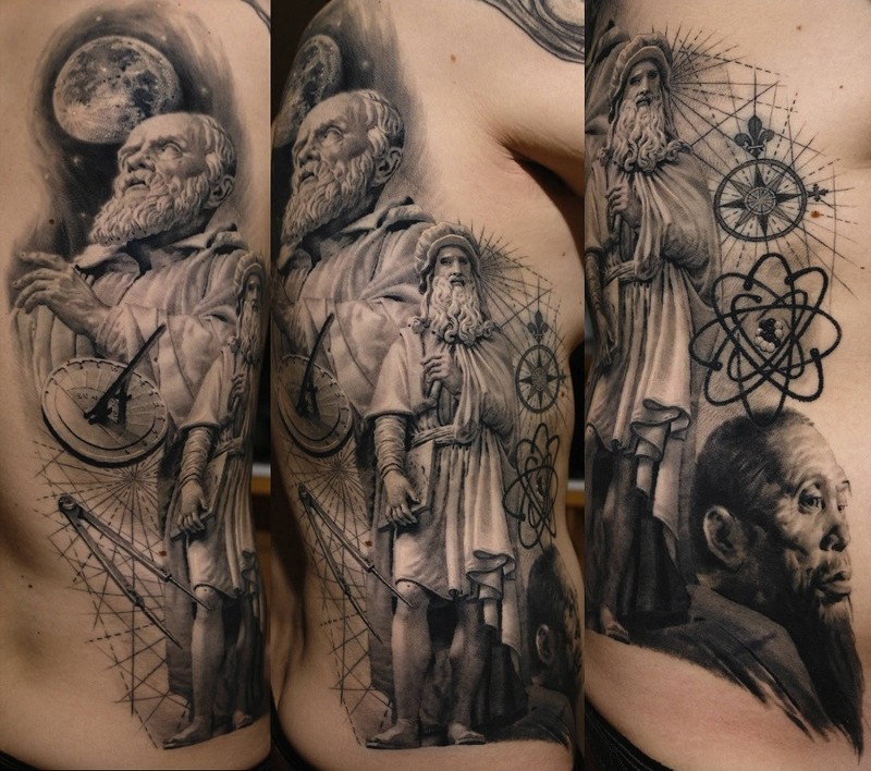 Gray washed style large tattoo of various scientists with various symbols