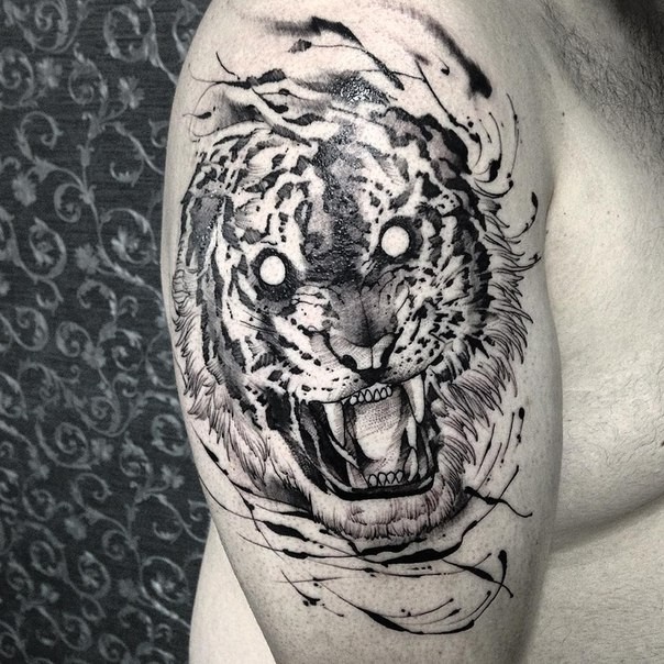 Gray washed style medium size shoulder tattoo of evil roaring tiger