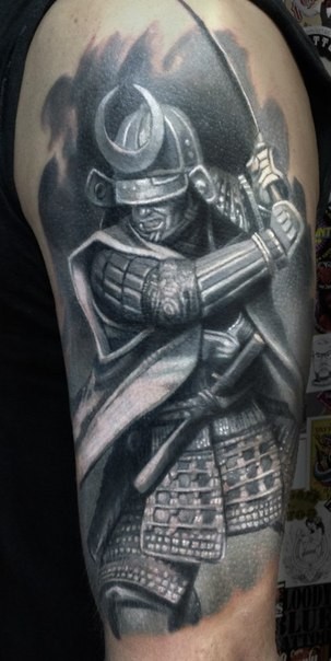 Gray washed style shoulder tattoo of samurai warrior