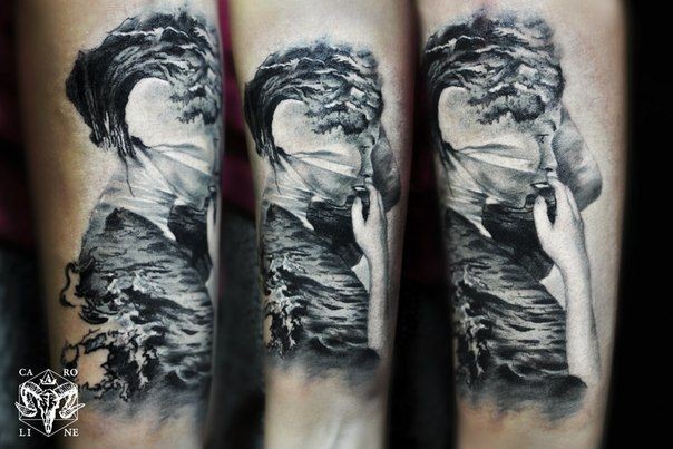 Gray washed style tattoo of woman stylized with road