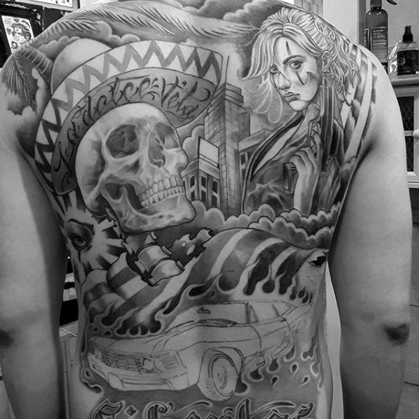 Gray washes style large whole back tattoo of Mexican human skeleton with hat and woman