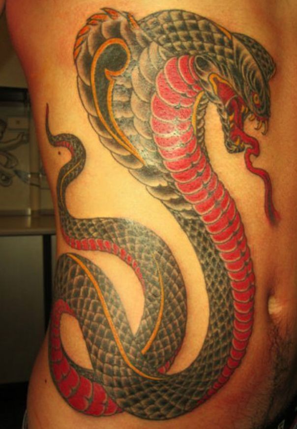 Great  colorful cobra tattoo on side