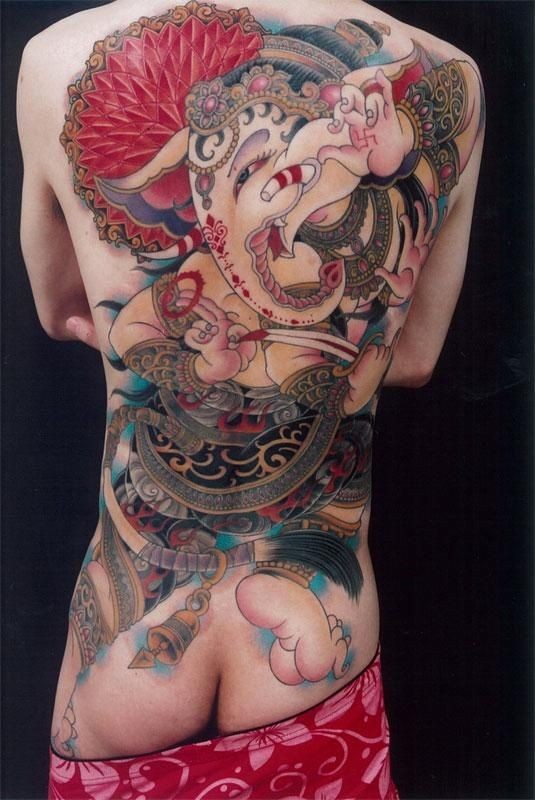 Great beautiful indian ganesha tattoo on whole  back by Genko