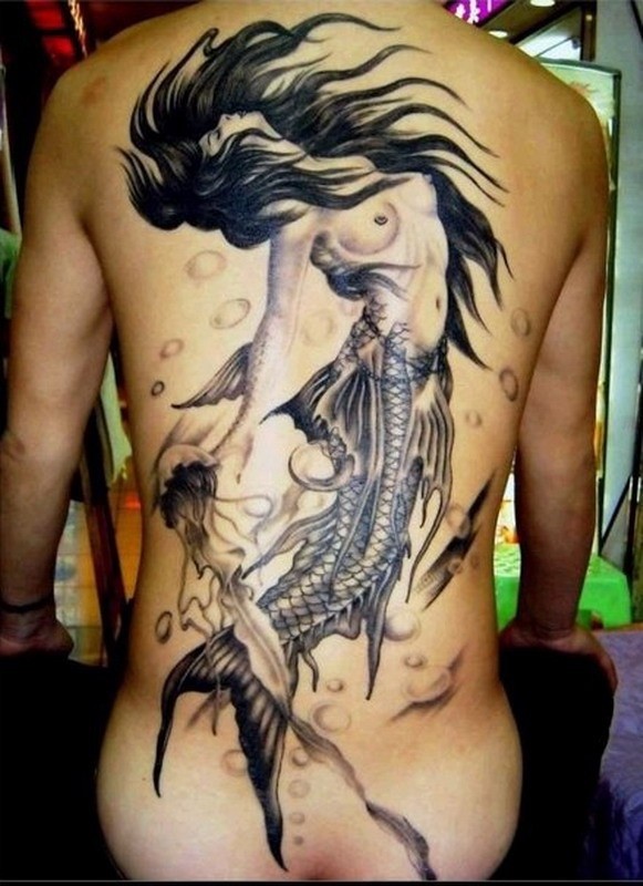 Great beautiful mermaid tattoo on back