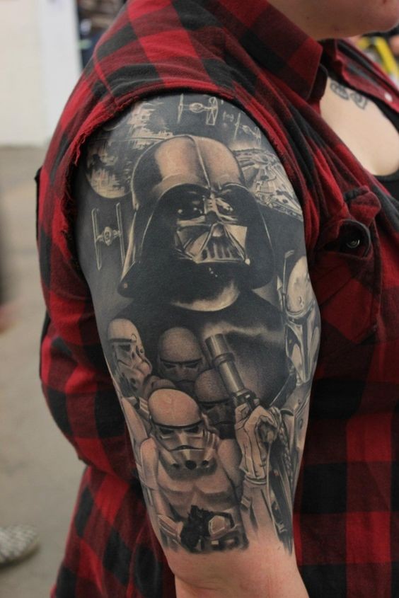 Great black and white 3D like half sleeve tattoo of Darth Vader and storm troopers