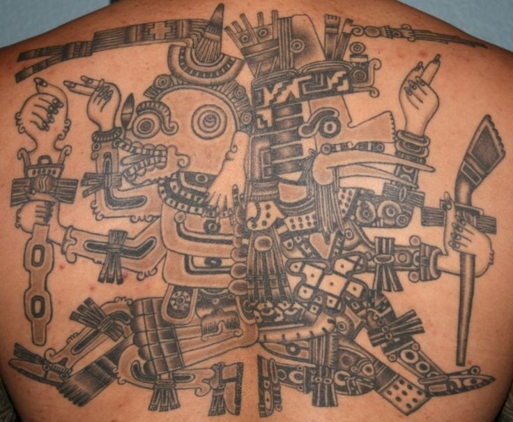 Great black gray aztec deity of prehispanic period tattoo on back