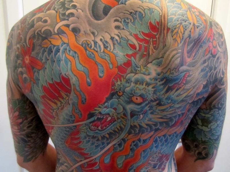 Great blue dragon on back for men