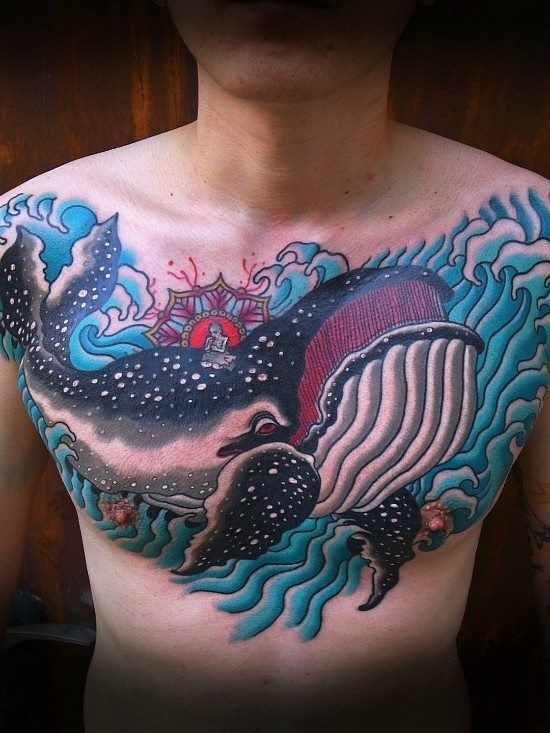Great blue whale on chest by Sany Kim