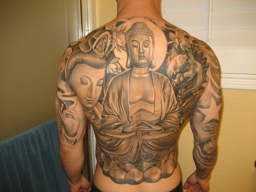 Great buddha tattoo on whole back