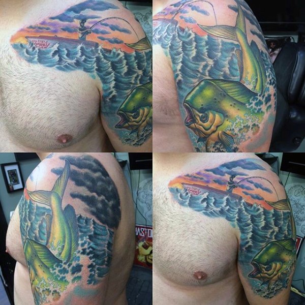 Great colored big mystical fish with fisherman tattoo on shoulder