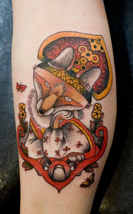 Great colored Russian style fox tattoo with flowers on leg