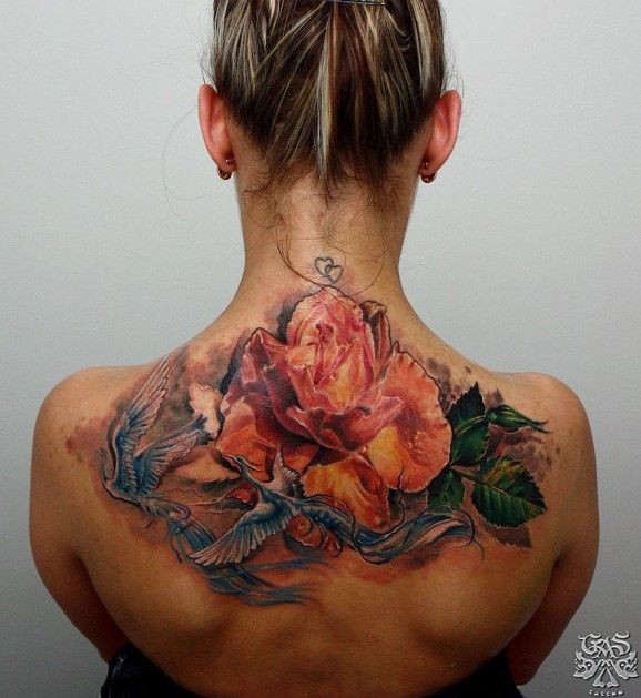 Colorful  rose with doves tattoo by sergio gas