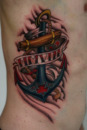 Great colorful anchor tattoo on ribs