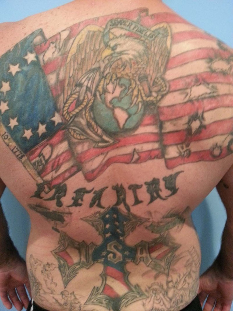 Great colorful patriotic tattoo on back for men