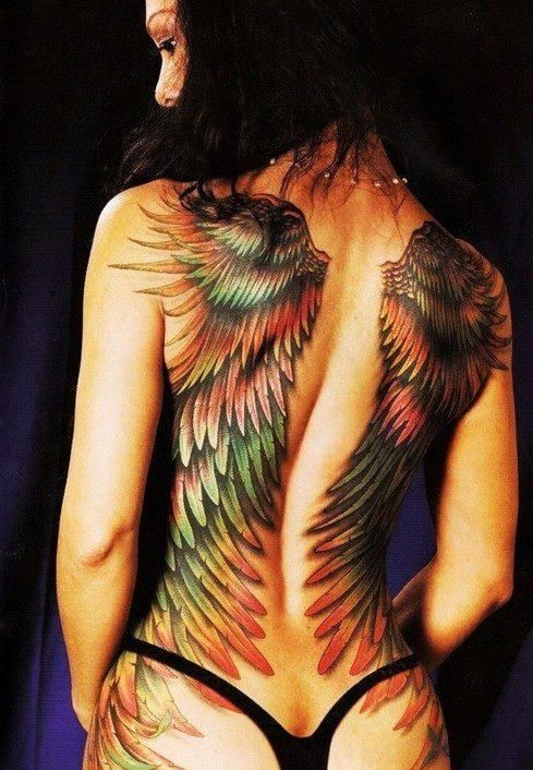 Great colorful wings tattoo on whole back