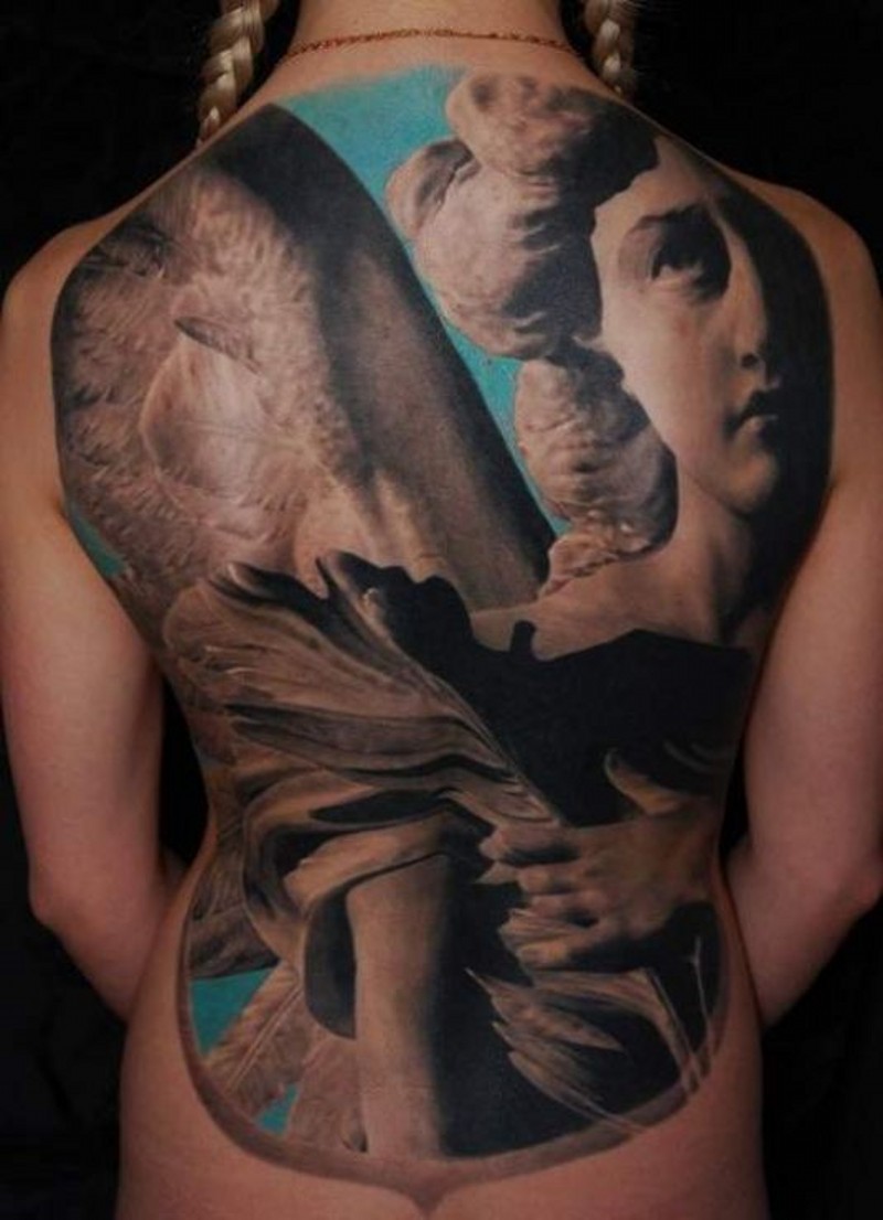 Great coloured angel tattoo on whole back