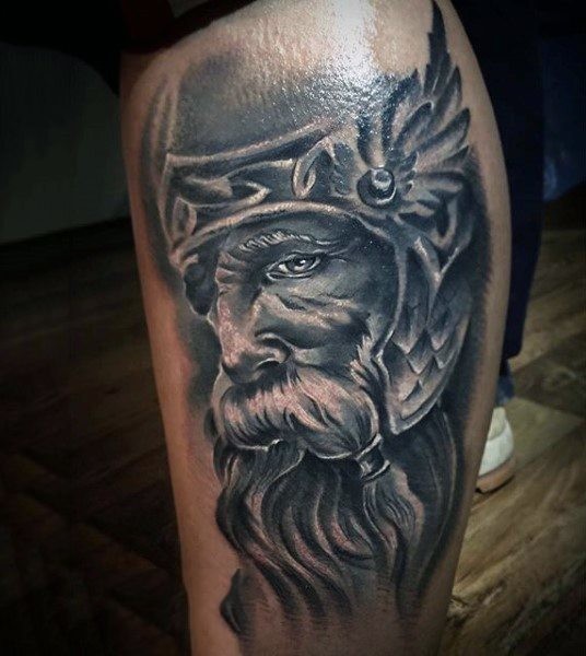 Great designed very detailed old warrior portrait tattoo on leg
