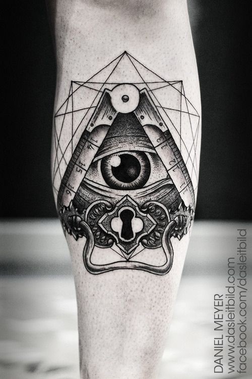 Great detailed little black and white lock Masonic pyramid shaped lock tattoo on arm
