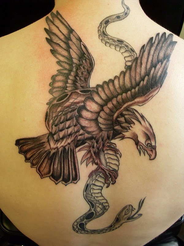 Great eagle with snake tattoo on back by Jam Tat