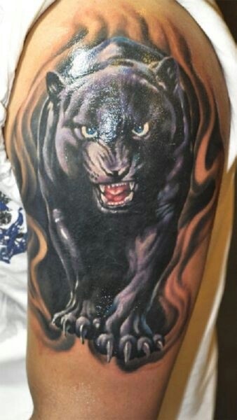 Great evil black panther tattoo on shoulder