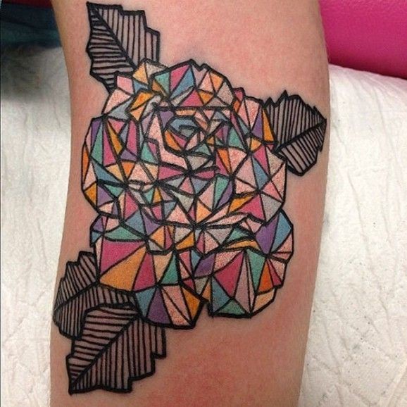 Great geometric colourful rose tattoo.