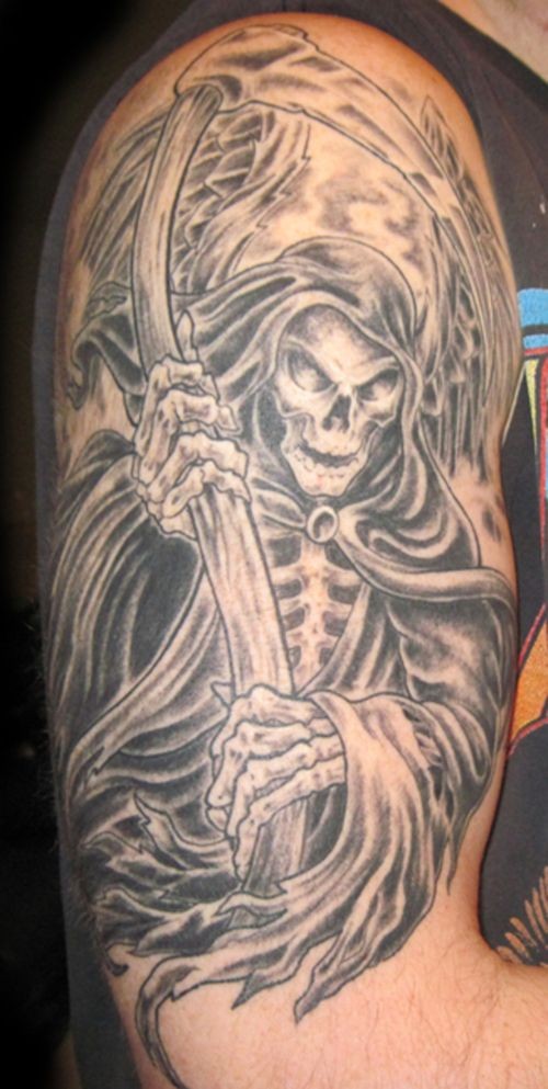 Great grim reaper with scythe tattoo on shoulder