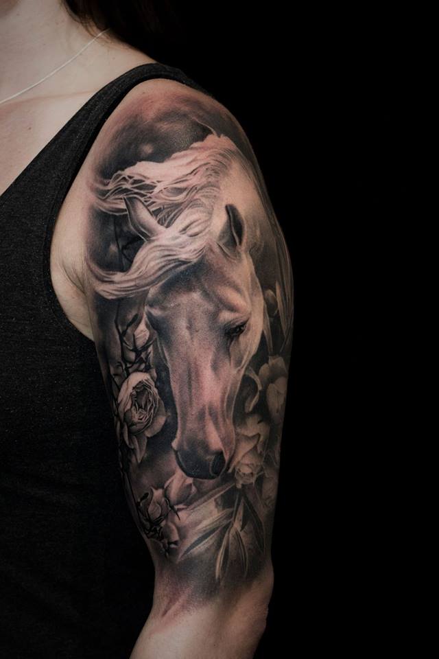 Great horse head tattoo on shoulder