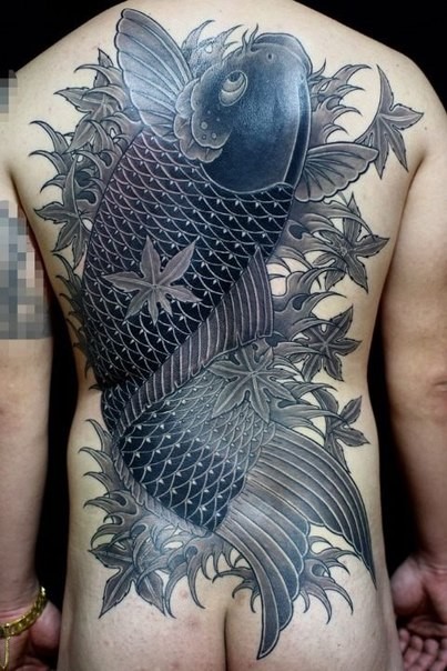 Tatuaje en la espalda, pez koi negro enorme