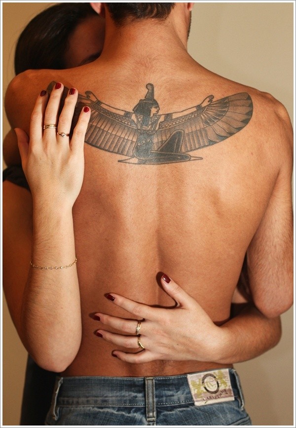 Great lovely deity  isis with wings tattoo on back for men