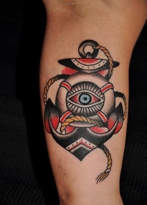 Great old school anchor with eye in lifebuoy tattoo on shoulder
