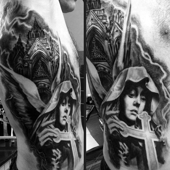 Great painted and detailed black and white side tattoo of antic cathedral with angel and cross